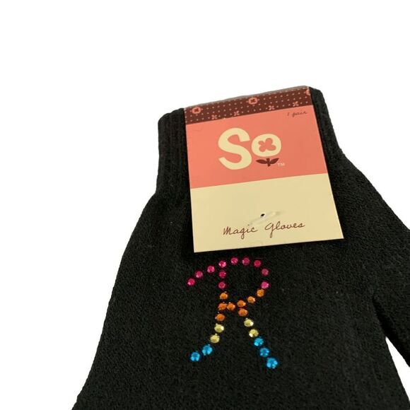SO Women's one size Black Rainbow Crystal Monogrham R knit magic gloves - Picture 2 of 8